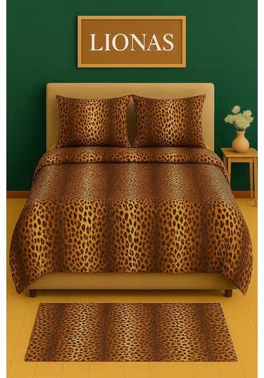 Çift Kişilik Desenli Nevresim + 2 Adet Kapaklı Yastık Kılıfı Kahverengi