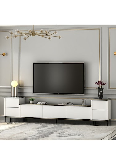 İmaj Tv Ünitesi Ve Komodin Set Traverten/gold, Oturma Odası Set, Tv Sehpası - Beyaz Beyaz