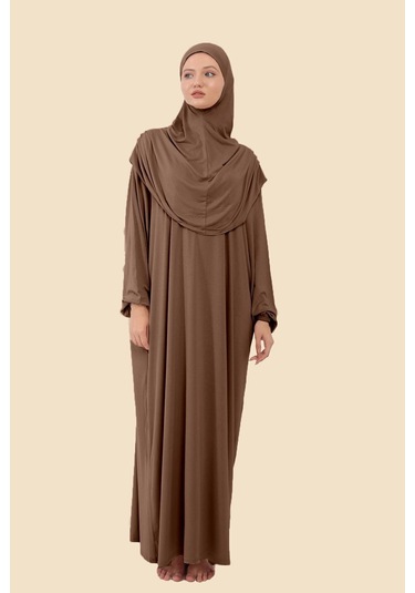 Tek Parça Tesettür Elbisesi Tak Çıkar Başörtülü Organik Pamuklu Lastikli Kolu Kaymaz Penye Kumaş Kahverengi