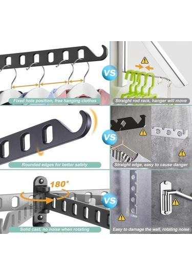 Besthome1 Alüminyum 6 Delikli Duvar Çamaşır Asacı - Siyah 2'li Paket Banyo/balkon/küche Stabile Uygun Siyah
