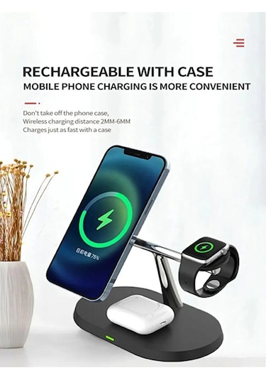 3in1 Magsafe Uyumlu 15w Kablosuz Şarj Standı Apple Uyumlu iPhone, Android Tele