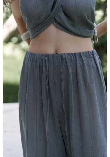 Cadhas Boyundan Bağlamalı Füme Crop Pantolon Takım Füme