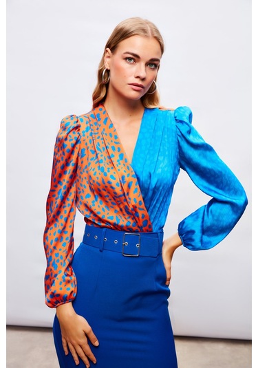 Sateen Kruvaze Desenli Bodysuit - Oranj-sax Mavi