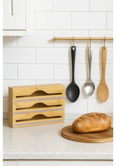 Bambu Streç Film Ve Folyo Kesici Pratik, Dayanıklı Ve Şık Mutfak Düzenleyici 33 21.5 8 Cm Bambu