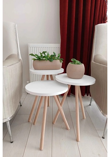 3'lü Zigon Sehpa Seti Saksılık Ve Çiçeklik Standı, Dekoratif Yan Sehpa Ahşap Ayaklı 33 Cm Çap - Beyaz Beyaz