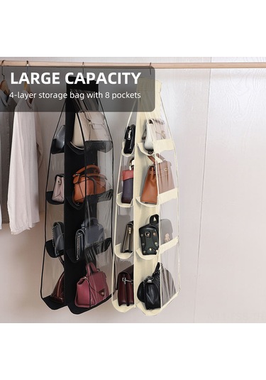 Hfambition Bej 4 Katlı 8 Cepli Çanta Düzenleyici, Duvar Takılı Gardırop Organizasyonu, Transparent Pencereli, Dayanıklı Non-woven Malzeme İle Çanta Saklama Çantası Bej
