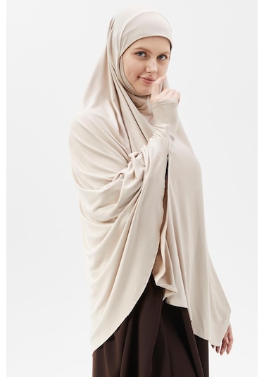 Kollu Sufle Çarşaf Üstü Peçeli Pratik Tesettür Hijab - Nikaplı Namaz Örtüsü Koyu Krem