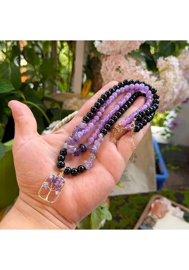 Willowhaven 2 Adet Doğal Ametist Kolye Hayat Ağacı Çift Katman Mor Siyah Günlük Takı