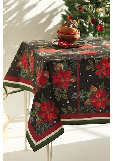 Kozalak Çiçekli Lacivert Yılbaşı Masa Örtüsü