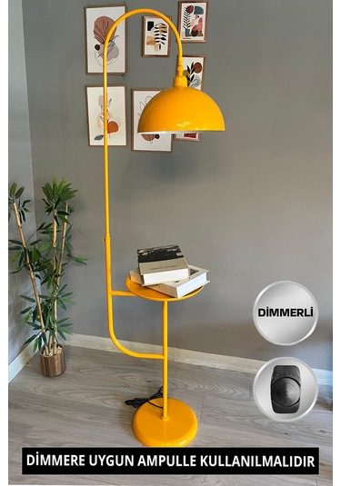 Dimmerli Işığı Ayarlanabilen Işığı Artırılıp Azaltılabilen Sarı Tepsili Hareketli Başlık Metal Lambader Sarı