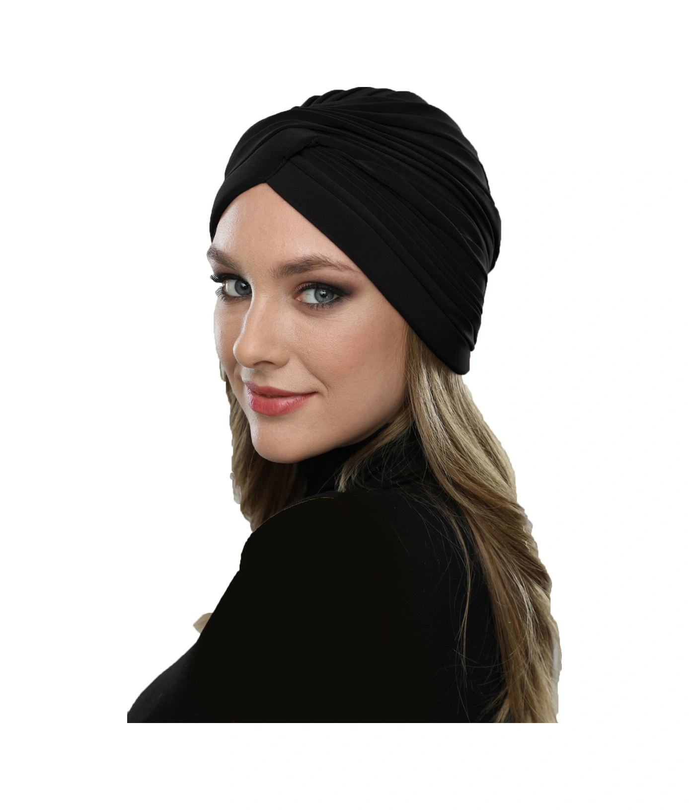 Çapraz W Nervürlü Ensesi Bantlı Siyah Hazır Türban Tesettür Havuz Bonesi Siyah