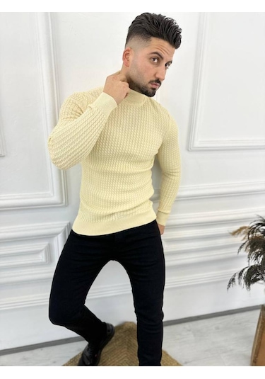 Kazak Slim Fit Tüylenmez Naturel Pamuk Triko Boğazlı Balıkçı Yaka Kazak Krem