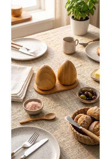 Makri Home Bambu Tuzluk & Karabiberlik Seti, Damla Tasarım, Stantlı Doğal Bambu Baharatlık Diğer