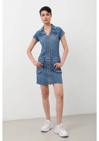 Fermuarlı Cepli Kadın Jean Elbise Mavi