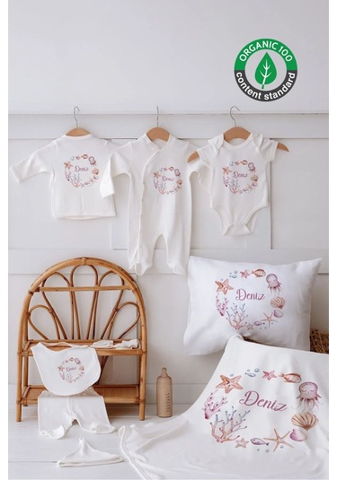 Lilabio %100 Organik Isme Özel Isimli 10lu Hastane Çıkışı Deniz Kabuğu Ekru