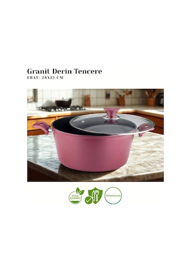 28 Cm Granit Derin Tencere Cam Kapak - Mürdüm Mürdüm