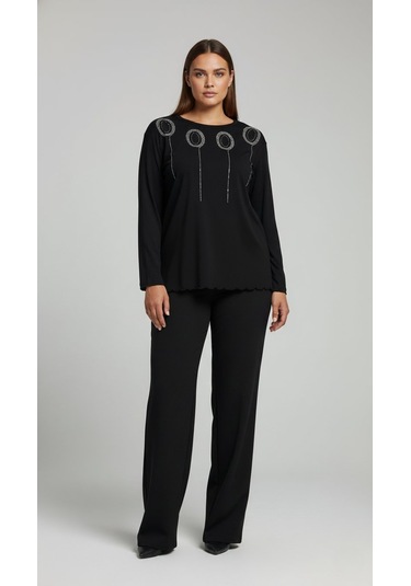 Taş Desenli Uzun Kollu Bambu Viskon Kumaş Bluz Siyah