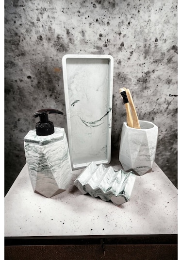 Betonmall 4 Parça Mermer Desenli Beton Banyo Seti Katı Sıvı Sabunluk Diş Fırçalık Tepsi - Yeşil Yeşil