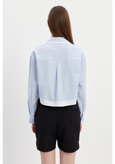 Stella Pulvis Mavi Garnili Tek Cep Crop Oxford Gömlek Mavi