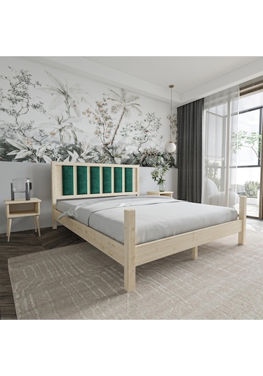 Orion Model Zümrüt Yeşili Puflu Başlıklı Doğal Çam Ahşap Karyola Ve İki Komodin Set-234 120 x 200