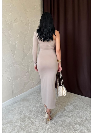 Bej Büzgü Detaylı Tek Omuz Elbise Bej