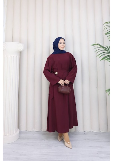 Mitodo Yandan Tokalı Modal Tencel Elbise Mevsimlik Bordo