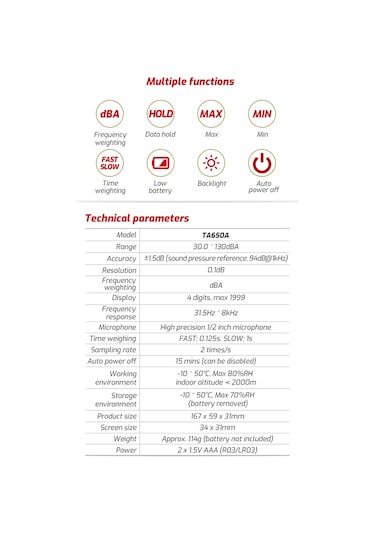 Youmex Ta650a Hassas Ses Ölçer - 30-130db Aralığında Yüksek Doğruluklu Gürültü Ölçüm Cihazı 1 Adet