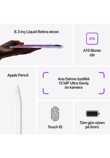 Apple iPad Mini 2021 (6. Nesil) Wi-Fi + Cellular MK8F3TU/A 256 GB 8.3" Tablet Gri