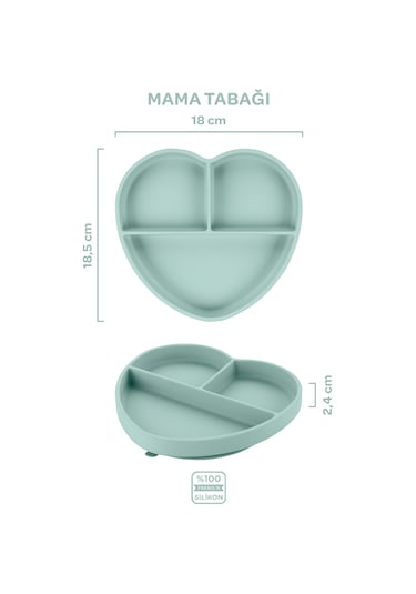 Silikon Beslenme Seti 3'lü Spring Yeşil / Mama Tabağı, Bambu Saplı Mama Kaşığı Ve Çatalı