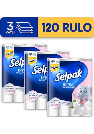 Selpak® Extra Pamuk Katkılı ve Pudra Kokulu Tuvalet Kağıdı 3 x 40 Rulo