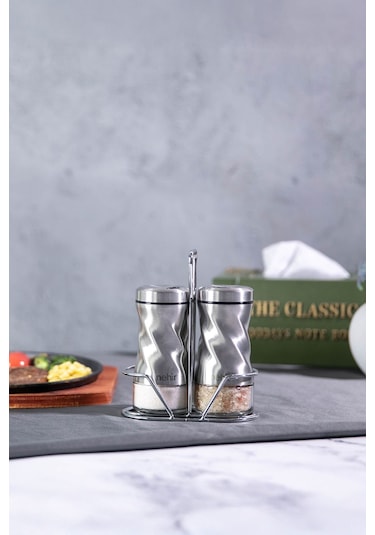 Nehir Burgulu Standlı 2 Parça Paslanmaz Çelik Baharatlık Seti ŞEffaf