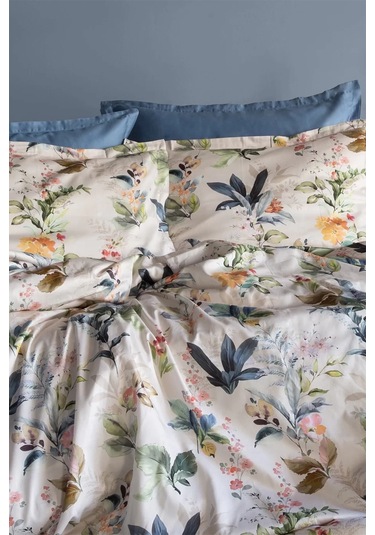 İssimo Home Claude %100 Pamuk Saten Çift Kişilik Nevresim Takımı Krem - Mavi