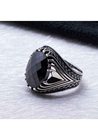925 Ayar Gümüş Fasetli Siyah Taşlı Erkek Yüzük Gümüş