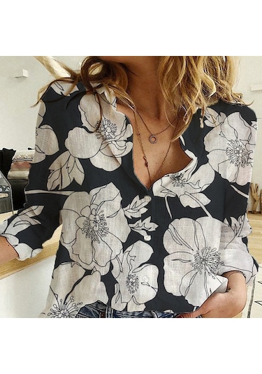 Sones İlkbahar Ve Sonbahar Rahat Bol Uzun Kollu Nefes Alabilir Keten Gömlek Siyah Çiçek Siyah