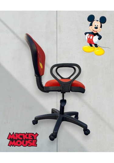 Mickey Mouse Baskılı Turuncu Çocuk Çalışma Sandalyesi Döner Koltuk, Yükseklik Ayarlı Koltuk Turuncu