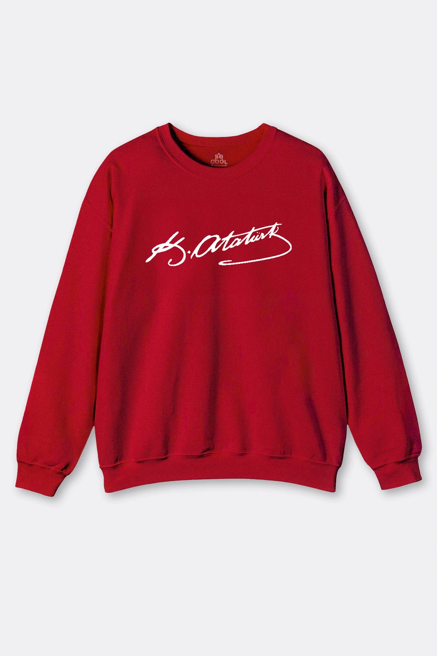 Kırmızı Sweat Mustafa Kemal Atatürk İmzası 29 Ekim 10 Kasım İmza Baskılı Sweatshirt Kırmızı