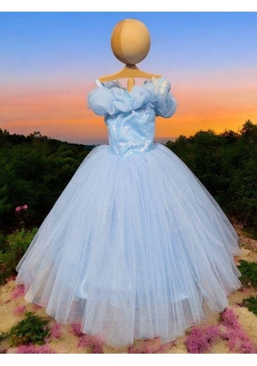 Kız Çocuk Prenses Yaka Kelebek İşlemeli Pullu Tarlatanlı Abiye Elbise-15464 Mavi