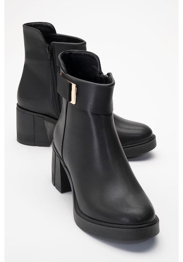 Rashe Siyah Tokalı Kadın Kalın Topuklu Bot Siyah