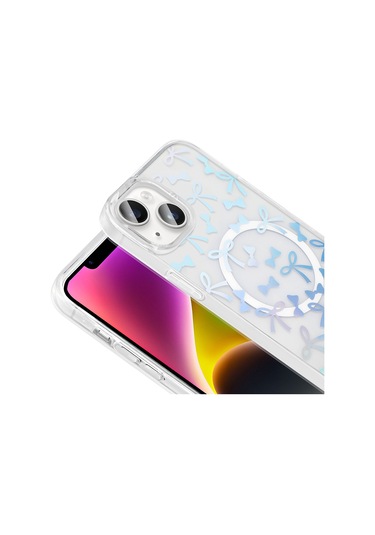Apple Uyumlu iPhone 14 Kılıf M-safe Şarj Özellikli Şeffaf Mkst Folk Sert Kapak - Papatya Beyaz