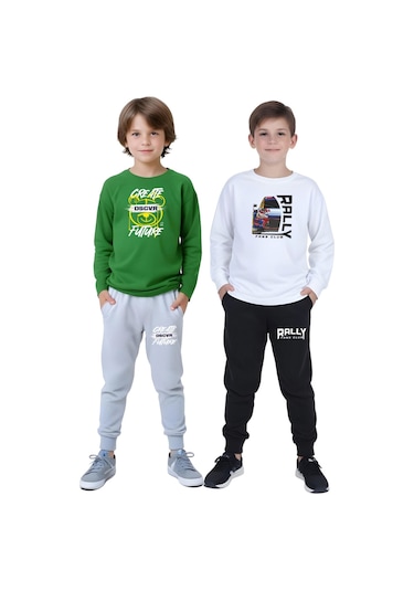 2li Erkek Çocuk Baskılı Sıfır Yaka Mevslimlik Alt-üst Takım Yeşil - Beyaz