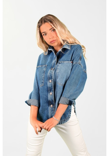 Oversize Kadın Jean Ceket Mavi
