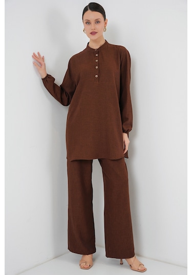 Bigdart 6678 Keten Tunik Pantolon İkili Takım - Kahverengi