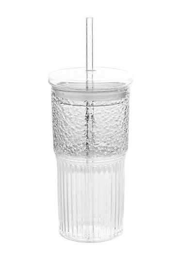 600 Ml Cam Bardak Sütlü Kahve Fincanı Kapaklı Ve Pipetli Şeffaf Çizgili Su Bardağı Kupa İçme Bardağı Kdo Kdo