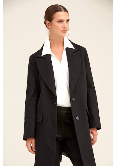 Hatemoğlu Saykı Woman Siyah Regular Fit Ceket Yaka Kaşe Oversize Manto 2956632 Siyah