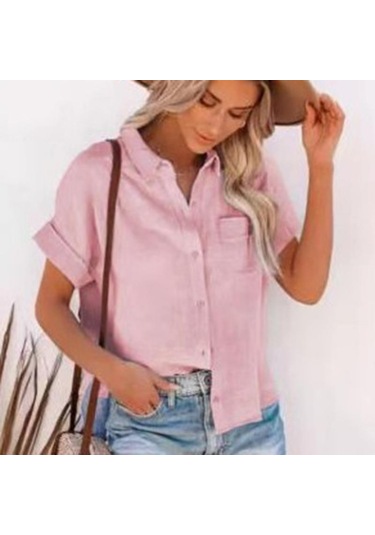 Yaz Pamuk Keten Gömlek Kadın Kısa Kollu Üstleri Kadın Zarif Bluzlar Kısa Kollu Yaz Gömlek Kadın Için Rahat 21929 Pembe