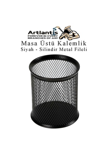Silindir Masa Üstü Kalemlik 1 Adet Metal Fileli Renkli Perforeli Yuvarlak Kalemlik Ofis Büro Okul Siyah