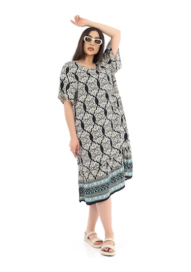 Kadın Viskon Yarım Kol O Yaka Cepli Fırfırlı Elbise Desenli Çok Renkli