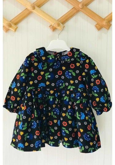 Çiçekli Siyah Kız Çocuk Bebek Pazen Kışlık Elbise 001