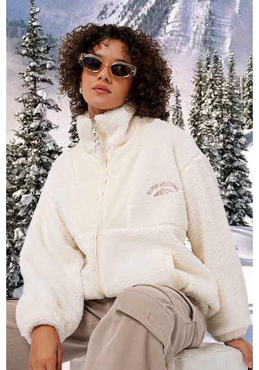 Gabria Baskılı Fermuarlı Peluş Mont Ekru