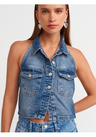 Dilvin Arkası Açık Yakalı Denim Yelek-mavi Mavi